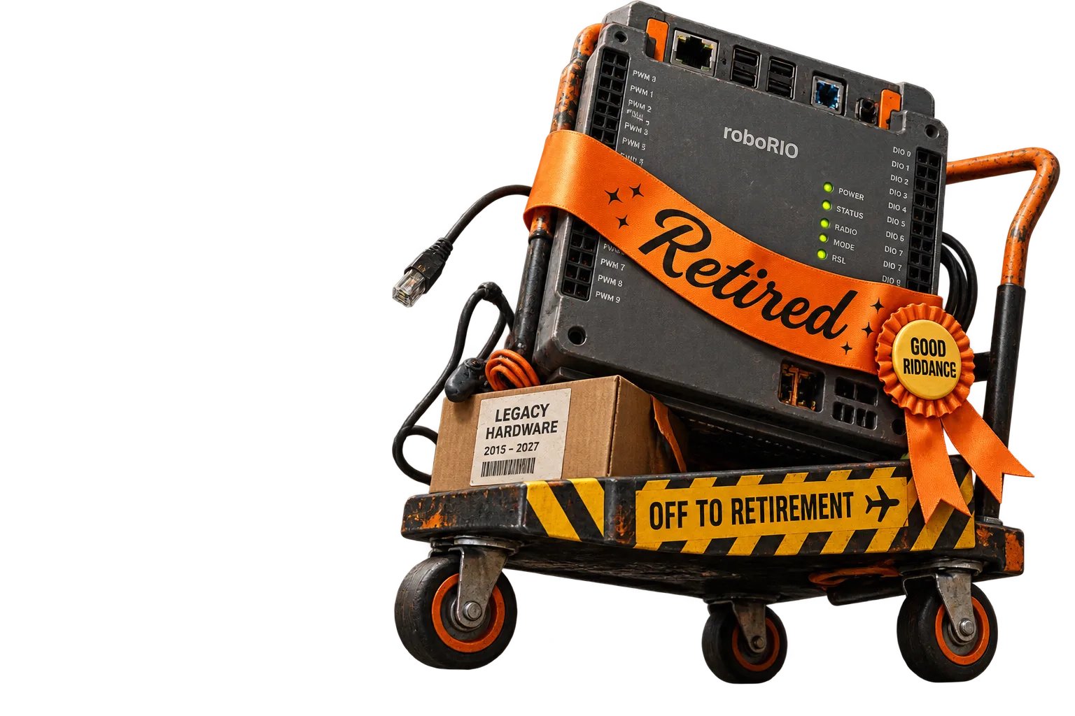 A roboRIO controller being carted away into retirement